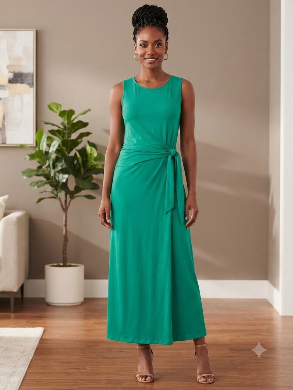 Lands' End Small Tall Sleeveless Knot-Waist Maxi Dress in Emerald Green - Picture 1 of 6